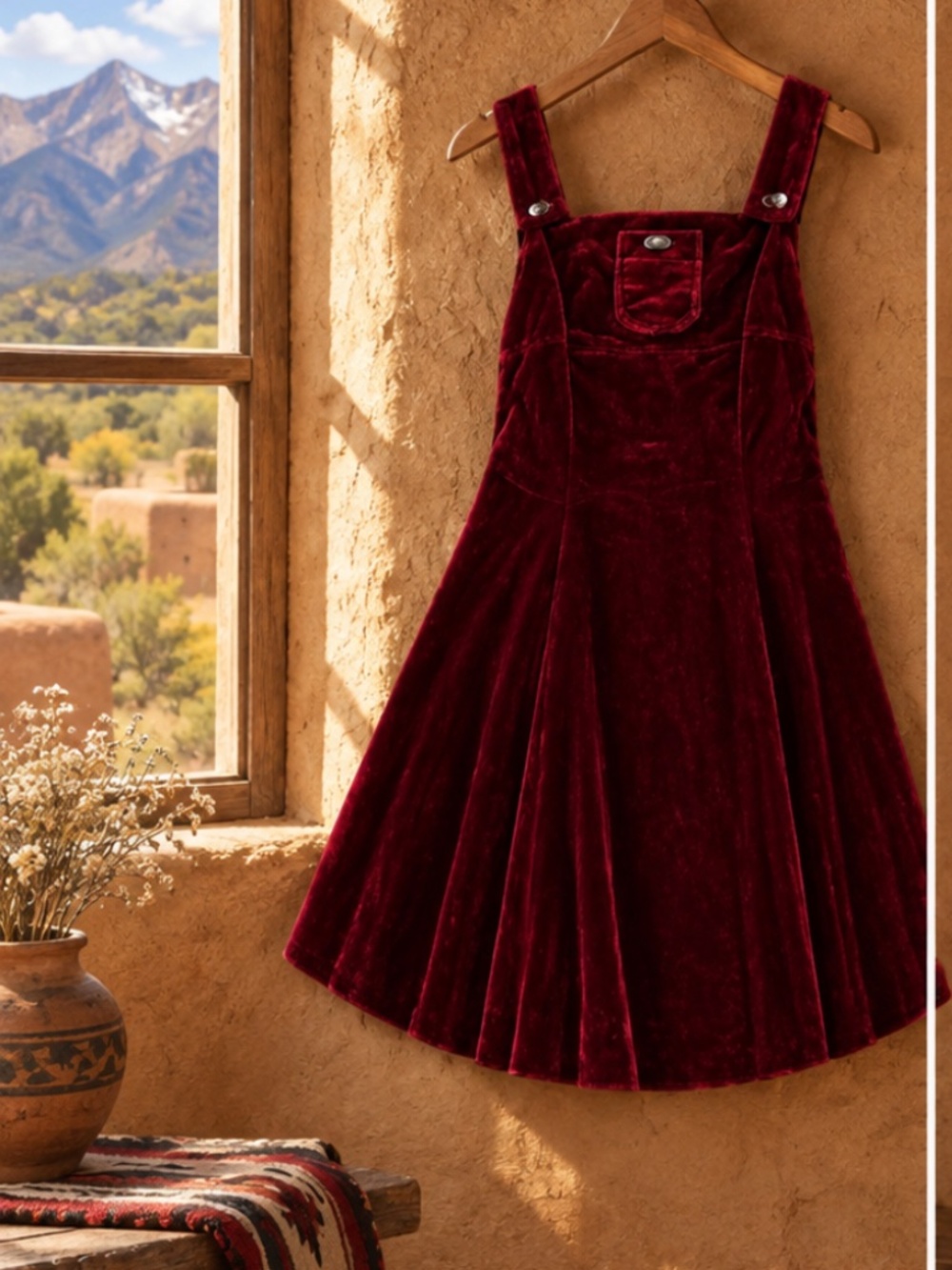 Vintage 1970s Burgundy Rayon Velvet Jumper Dress ILGWU One Owner XS/S